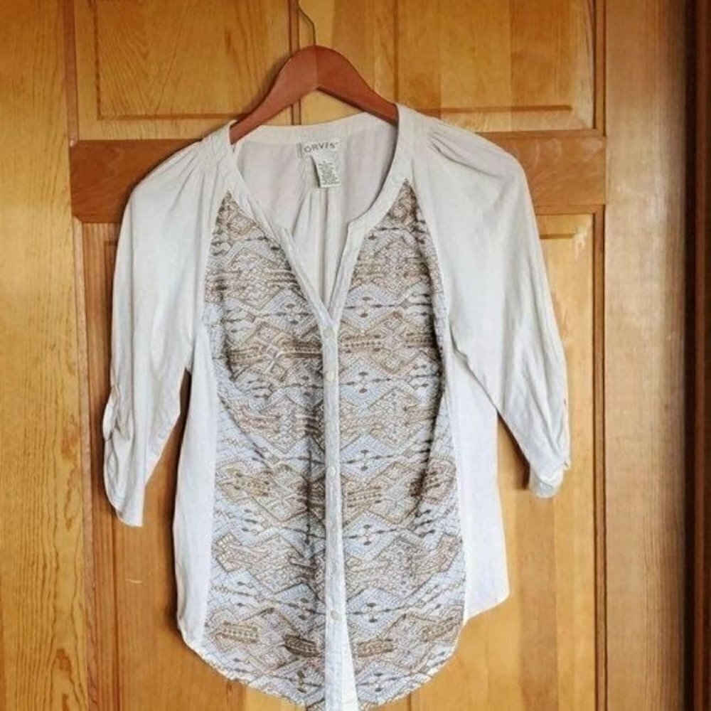 Orvis Sz S Button Cream Aztec Embellished Button Down 3/4 Sleeve Blouse or Tunic